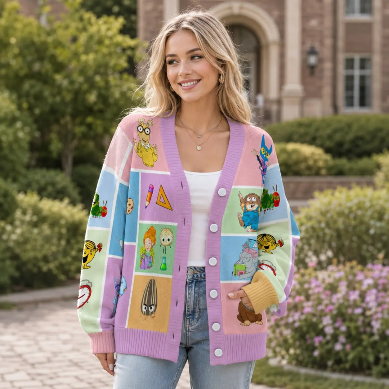 Children's Book Character Cardigan, Reading Teacher Knitted Cardigan, Book Character School Button Up Cardigan, Cute Elementary Teacher Gift