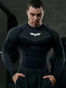 Batman Hero Fitness Compression Suit, Men's Quick-Dry Long Sleeve, Sporty Running Training Gear, Spring & Fall Wear, Organic Textile