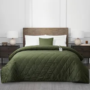 Brookstone Twin Heated Diamond Stitch Quilt Blanket Olive Green