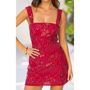Not That Easy Red Beaded Party Mini Dress