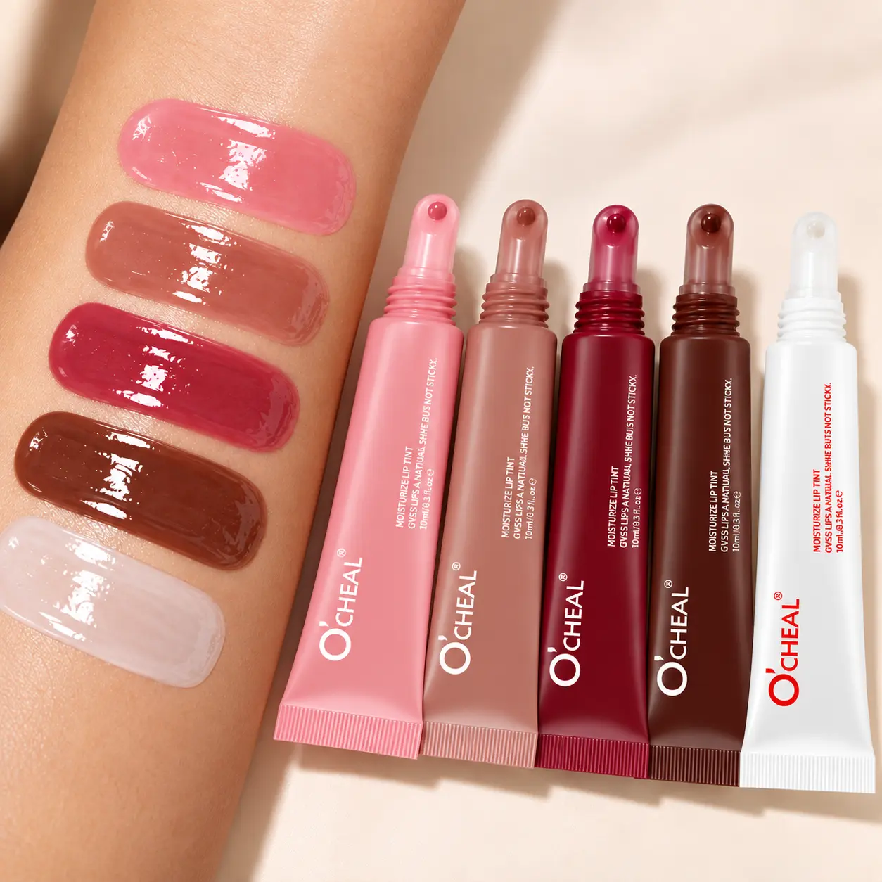 O’CHEAL Hydrating Lip Tint Gloss - Lip Care Moisturizer, Lightweight Non-Sticky Smooth Shine, Soft Applicator, Natural Finish, 5 Colors, 10ml,familyfun