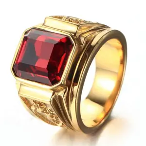 Men's 14k Gold Plated Engagement Ring with Classic Large Square Cubic Zirconia Stone Available in Black, Red, and Blue