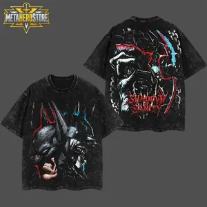 MetaHero "Shadow of Sanity" The Dark Knight Bat Who Laughs - Gotham Guardian Hero Verse DC Comic Oversize Lightweight Acid Washed Cotton T-Shirt, Double Printed TV Series Graphic Design, Round Neck, Soft, Relaxed Fit Apparel for Men's Tops Streetwear