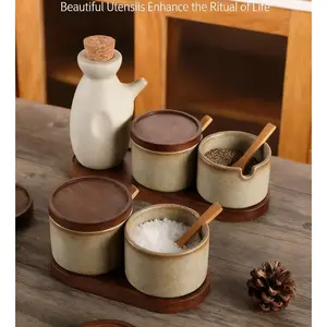 Mini Spice Jar Set, Kitchen Condiment Storage Rack, Kitchen Seasoning Bottle, Ceramic Salt Container, Sugar Jar with Lid, Mini Spoon Included, Acacia Big Leaf