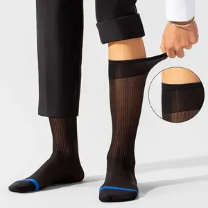 Men's Socks Man Short Silk Socks Business Thin Nylon Striped Breathable Soft Elastic Below Knee Calf Formal Wear Crew Socks Gentleman