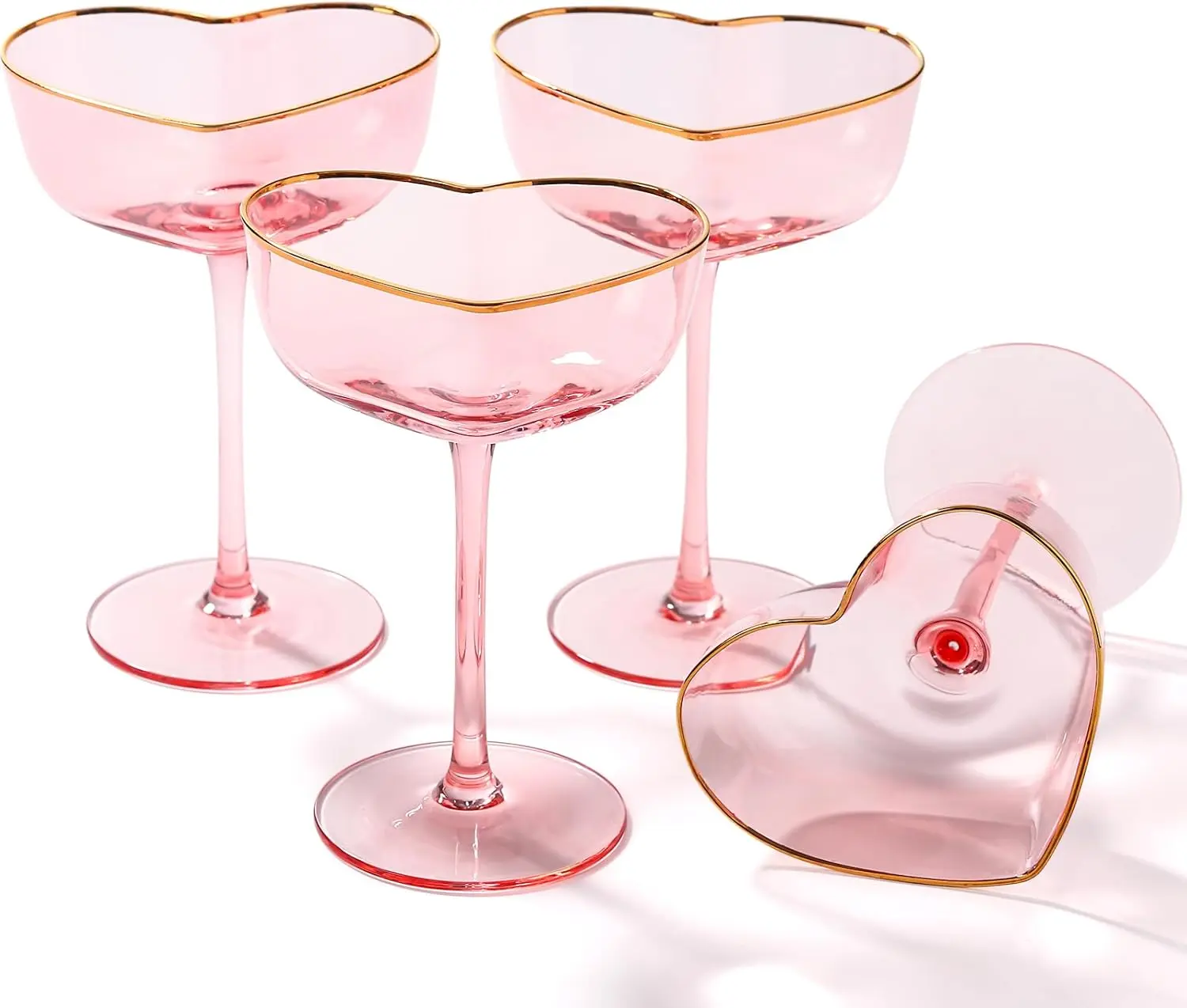 【Birthday gifts】Pink Coupe Glasses Set of 4 - Heart-Shaped Martini Glasses with Golden Rim, 8oz Durable Drinkware for Wedding, Mothers Day, Birthdays, Anniversary