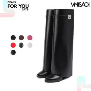 VIMISAOI Fold Over Knee High Boots for Women Covered Wedge Heel Pointed Toe Wide Calf Pull On Boots For Women Trendy Boots Deals For You Days