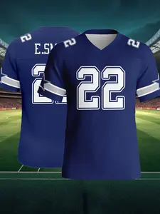 Nfl Football Fanwear - 22 Number Short Sleeve Game Jersey, Blue Breathable Sweat-Wicking, Sporty Geometric Design, Perfect Gift Choice