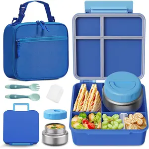 Bento Box for Kids with Thermo Food Container (9oz), 4-Compartment Box, Divider, Leakproof Bento Box, Includes Utensils & Carry Bag for School, Office(Blue)