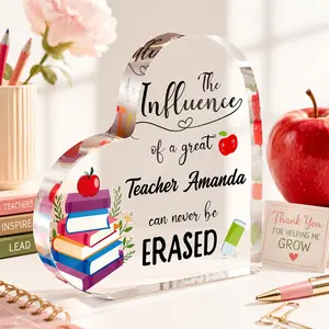 Personalized Acrylic Teacher Heart Plaque Custom Name Teacher Appreciation Gift Clear Desk Sign Books Apple Design Back To School Gift Graduation Gift End Of Year Teacher Gift Classroom Office Desk Decor Gift For Teacher
