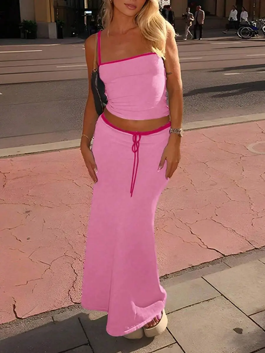 SEELEN 2pcs/Set Women Contrast Trim Cami Top And Drawstring Waist Skirt Set, Pink Outfit