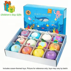 Ocean Toy Bath Salt Balls Set, 12 Bubble Bath Bombs with Kids Bathtub Toys Gift Box, Fun Day Present