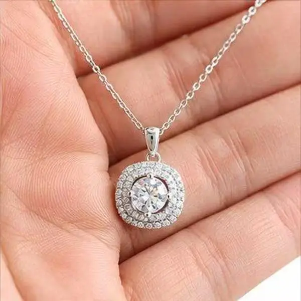 925 Sterling Silver Halo Pendant Necklace, Sparkling CZ Double Layer Round Cut Necklace for Women"