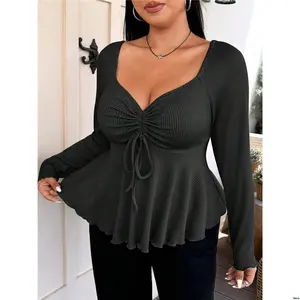 T With Size MOOSTA tiktok Plus Sweetheart Neck Drawstring Ribbed Long Sleeve - Shirt