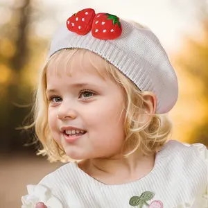 Girls' Strawberry Knit Beret Hat - Stretchy Lightweight Winter Hat with Red Strawberries, Soft Pastel Colors (Pink, Yellow, Green, Blue, Purple) - Christmas, Thanksgiving, New Year Party Outfit - for Ages 3- - Easy-Care Kids' Formal & Everyday Winter Acce