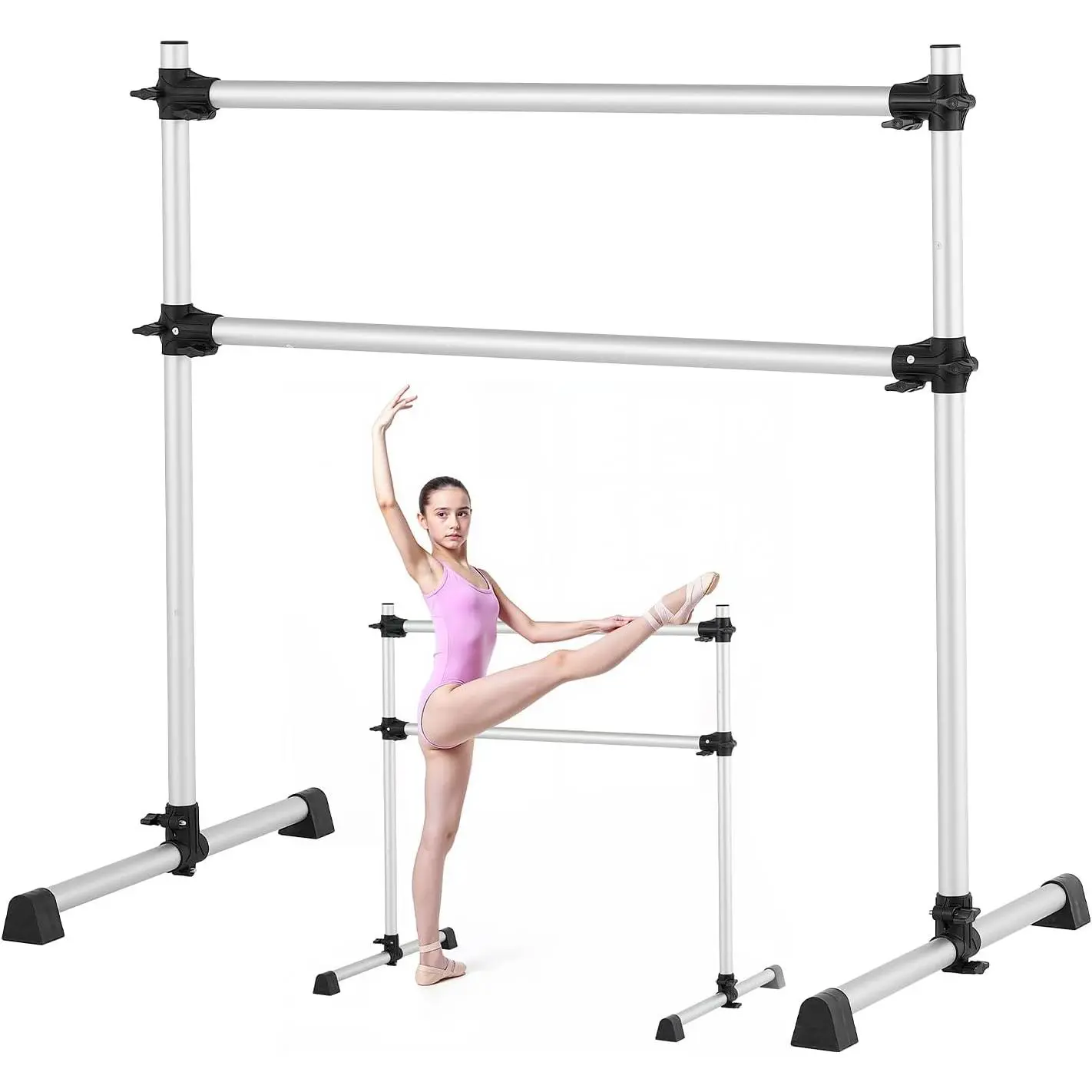 VEVOR Aluminum Freestanding Portable Ballet Barre, 2-Bar Height-Adjustable Anti-Wobble Floor-Safe Dance Bar, Home/Studio Stretching Equipment with In/mm Measurement Options