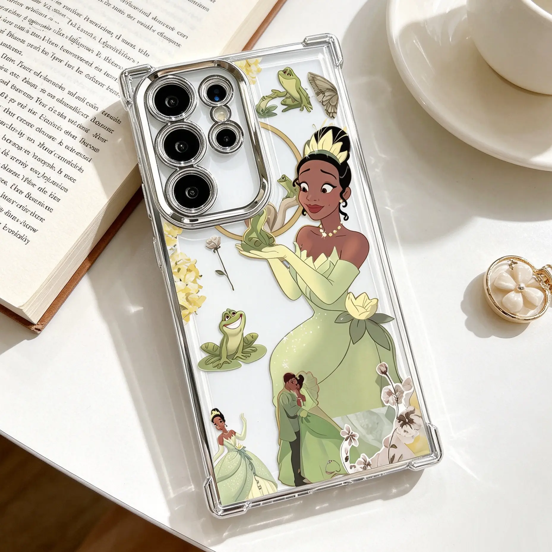 Princess Tiana Frog Prince Kiss Pattern Phone Case,Electroplated Cover with Airbag Shockproof Slim Soft TPU Cover for Samsung S26 S25 S24 S23 S22 Ultra S25Edge S24FE Plus S25+ Cute Cartoon