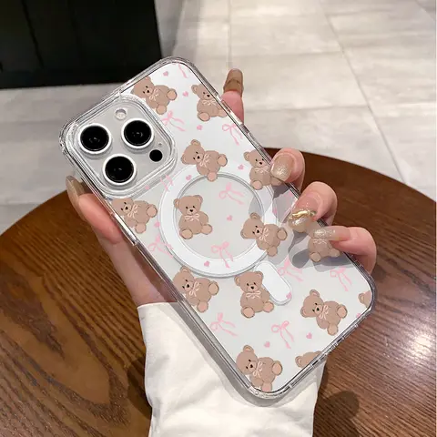 Magnetic Soft Translucent MagSafe-Compatible Phone Case for iPhone 11/12/13/14/15/16 & ProMax - Aesthetic Love Cartoon Bear Pattern, Protective Cute Accessories, Magnetic Cover Phone Accessories