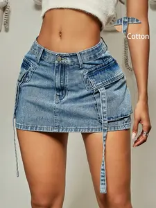 Women's Y2K Street Flap Pocket Tape Detail Cargo Denim Mini Skirt Summer Hottie Outfit, Flap Pocket Design, Fashion Casual Everyday Daily Wear, Stylish Streetwear，T-Chic, TiktokViral, Jeans skirt