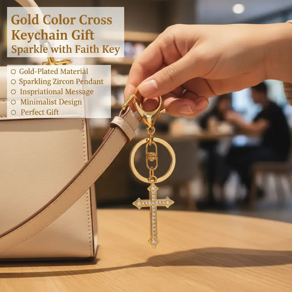 Gothic cross keychain, sparkling zircon pendant, religious accessory, designed with God's guidance, durable gold-plated material, perfect gift for Christian faith, inspirational message, minimalist design keychain, key ring