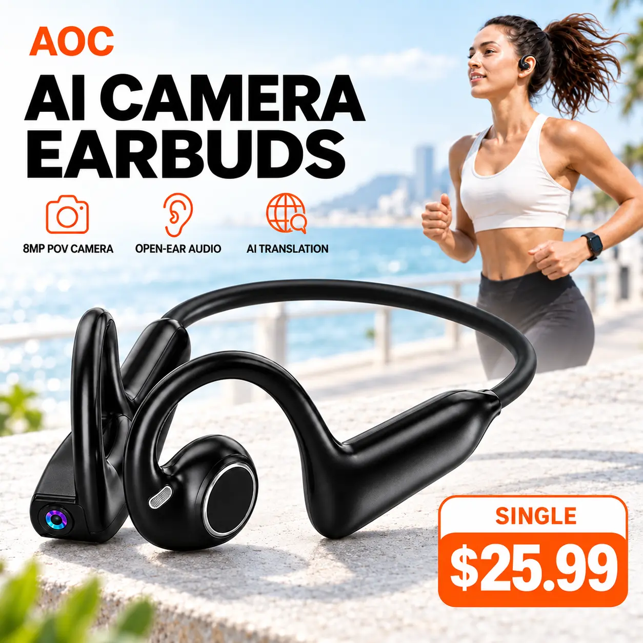 Open Ear Bluetooth Audio Headphones with 8MP AI Smart Camera, Chargeable Air Conduction Sports Earbuds for Hands-Free POV Recording, Microphone for Calls, 160+ Language Translation, iPhone/Android Connection & Charging Station Compatibility