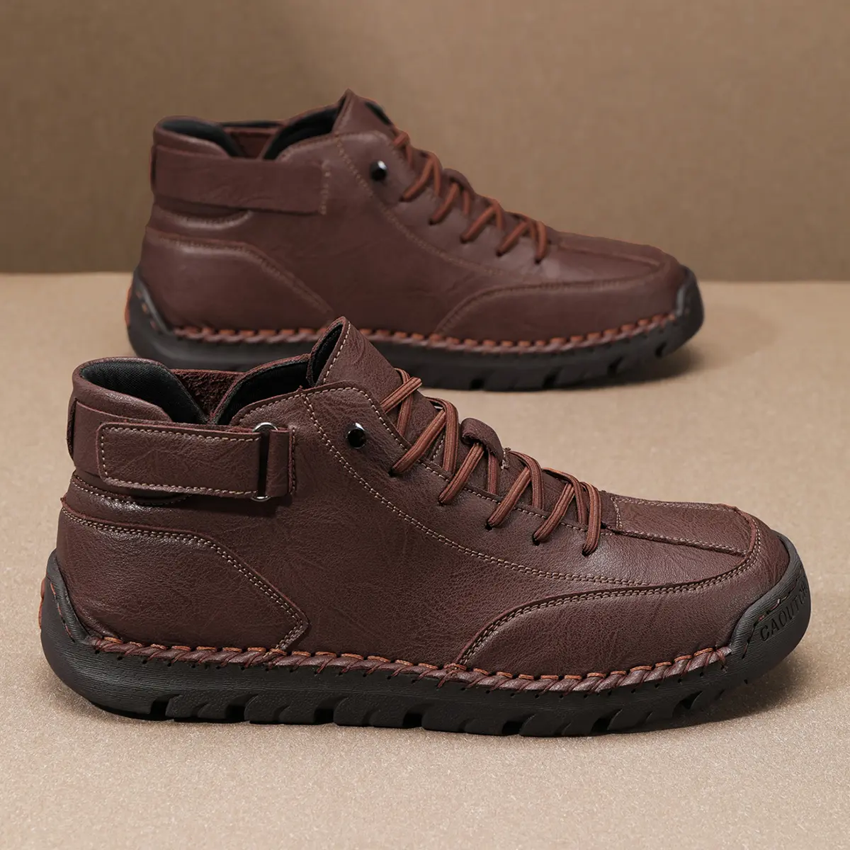 Men's Vintage Chukka Boots, Hand-Stitched Faux Leather Walking Shoes with Adjustable Strap, All-Seasons Casual Footwear with EVA Cushioning, Round Toe