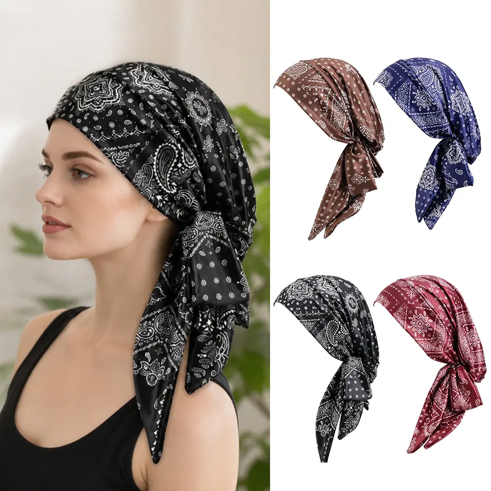 4pcs Pre-Tied Paisley Head Wraps Suitable for Women' Chemo Hair Loss, Elastic Soft Jersey Breathable Hair Scarves with Pre-Tied Bandanas for Daily Use, Lightweight for Sleeping & Chemotherapy Head Cover