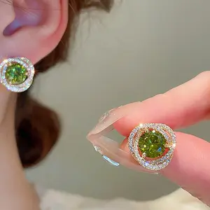 Olive Green Zircon Ear Clip with Vintage Geometric Surround Design DDES0478 Elegant Niche Earrings for Women 14K Gold-Plated