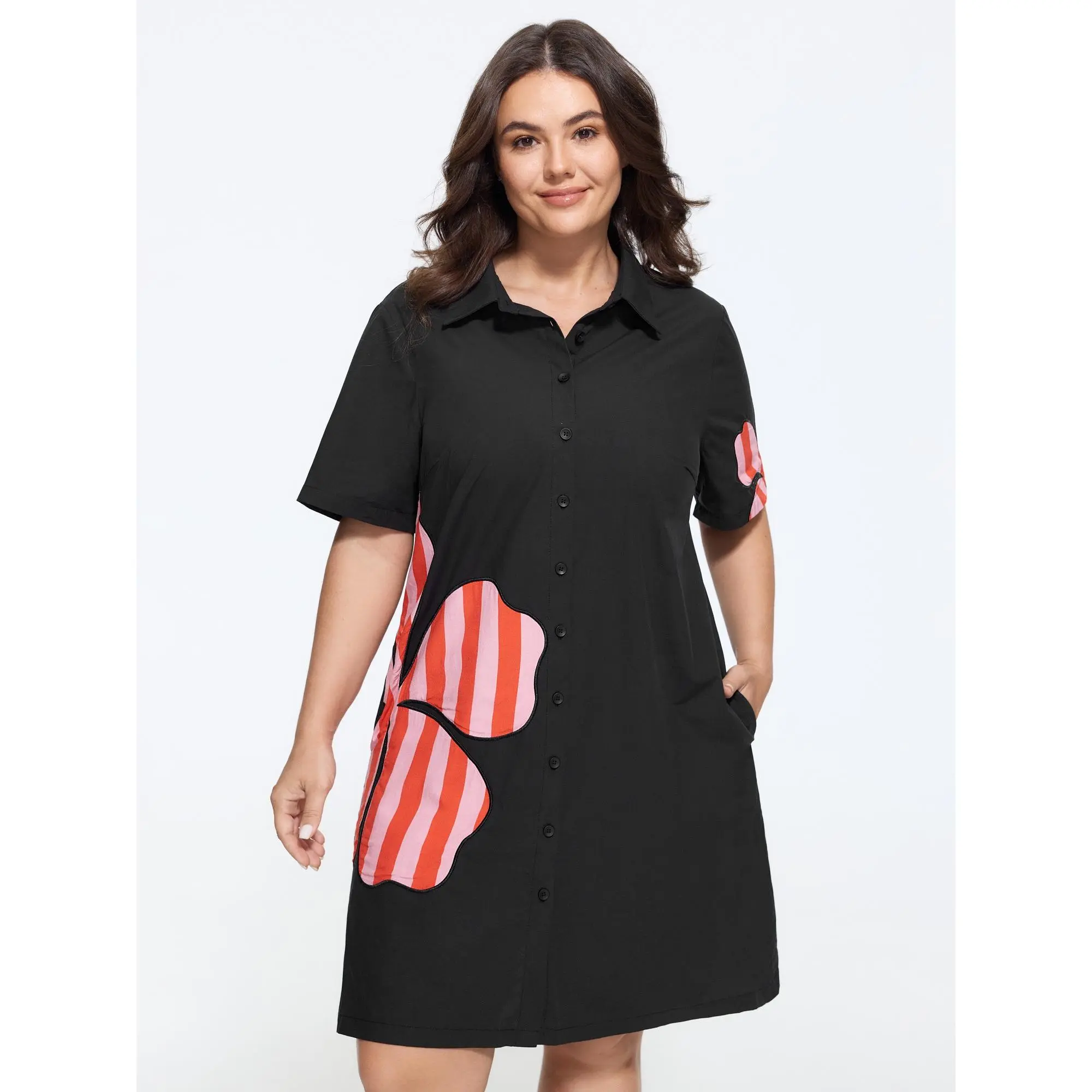 BLOOMCHIC Plus Size Cotton Floral Applique Short Sleeve Mini Dress[M-6X] Back To School,Fall Pick