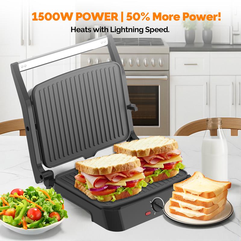 MIRASTON 3-in-1 Electric Indoor Grill & Panini Press, 1500W Fast Cooking, Adjustable Temp (410°F-482°F), Non-Stick Plates & Drip Tray, Easy Clean, Holiday Haul