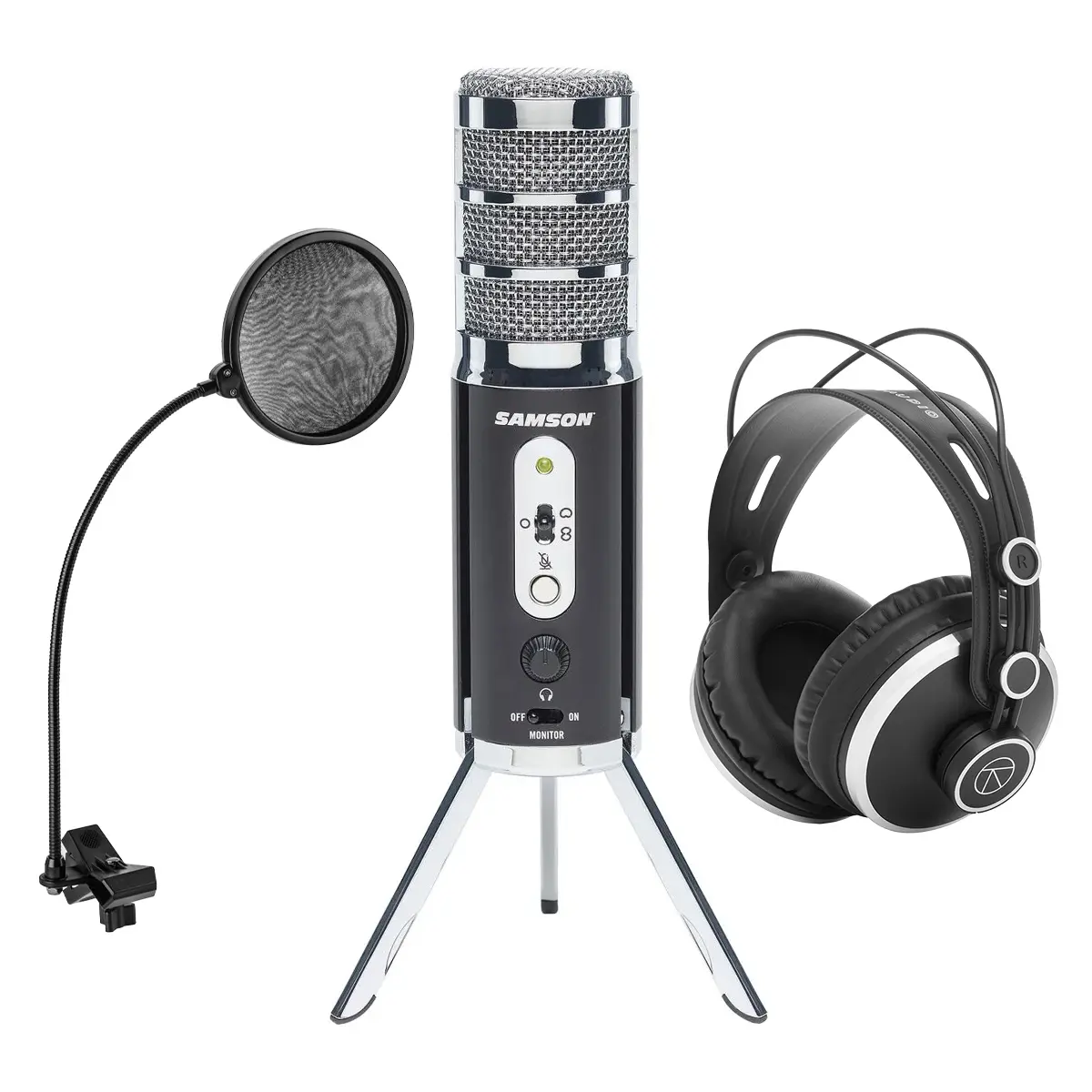 Samson Satellite USB/iOS Broadcast Microphone with Dual 16mm Condenser Capsules, Bundle With Samson SR350 Over-Ear Stereo Headphones, H&A Pop Filter with Gooseneck