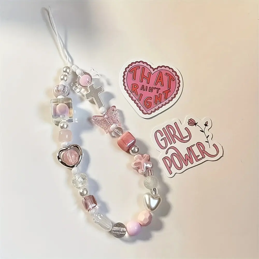 Pink Sakura & Heart Beaded Phone Charm Strap, Phone chain - Y2K-Inspired Kawaii TPU with Crystal Butterfly & Floral Accents, Perfect for iPhone - Ideal Gift for Women and Girls, Phone Wrist Strap, Flower Phone Lanyard, Cell Phone Accessories