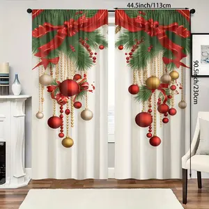 2-Piece set, high definition digital printing Christmas theme decoration, golden red balloon and bow pattern printing, filter curtains, suitable for bedroom living room office home decoration, rod pocket design, Christmas decoration, Party Decoration