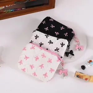 Pleated Bow Cosmetic Bag | Cotton Makeup Bag for Women Quilted Travel Girls' Make Up Organizer Portable Little Bow Makeup Pouch
