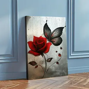 A wooden-framed canvas painting depicting butterflies and roses, set against a rainy day background, suitable for office, home, and living room decoration
