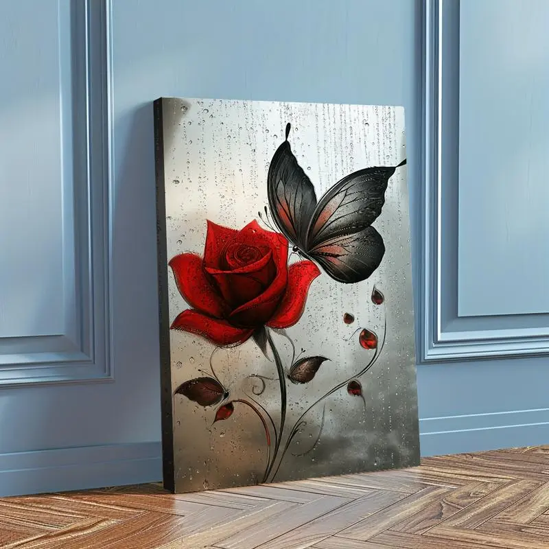 Artistic Wooden-Frame Poster Print - Butterflies and Roses Design, Rainy Day Background, Home Supplies Wall Art for Living Room, Bedroom, Kid Room