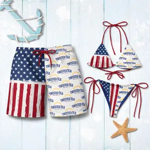 Patriotic Couple Swimwear Set – USA Flag String Bikini & Matching Board Shorts, Independence Day Beachwear