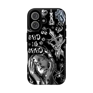 Y2K Cyberpunk Chrome Phone Case – Futuristic Liquid Metal Aesthetic Cover with Silver Cross, Spiders, Chess & Gothic Art for iPhone 17 16 15 14 13 12 11 Pro Max X XS & Samsung Galaxy S21–S26 Plus Ultra | Edgy Streetwear Gift