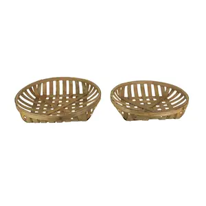Round Natural Woven Wood Tobacco Basket Tray Decorative Serving Display Set of 2