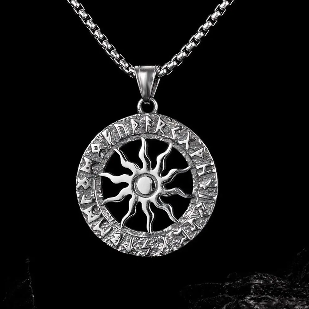 LUX-JEWEL - Vintage Sun God Apollo Pendant Necklace Fashion Round Nordic Stainless Steel Viking Rune Necklace Men Amulet Jewelry Gift