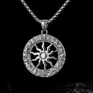 LUX-JEWEL - Vintage Sun God Apollo Pendant Necklace Fashion Round Nordic Stainless Steel Viking Rune Necklace Men Amulet Jewelry Gift