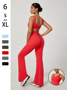 Women's Sporty Backless Yoga Jumpsuit, High-Waisted Wide-Leg Pants, Sleeveless Slim Fit, All Seasons, Commuter & Outdoor Wear, Backless Sports Jumpsuit