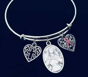 St Agatha Bracelet Breast Cancer Awareness Catholic Patron Saint Medal Pink Ribbon Adjustable Silver Bangle Religious Jewelry Gift
