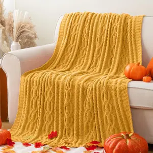 Mustard Yellow Throw Blanket 51"x67" Chenille Knitted Throw Blanket for Couch,  Throw Blankets for  Decor, Summer Fall Decor Blanket