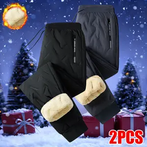 Men's 2-Pack Warm Cotton Winter Trousers - Casual Fashion Pants, Mid Waist, Fitted Cut, Drawstring, Black, Heavy-Duty, Cold Weather Resistant, Soft Cozy Fabric, Side Pockets, Suitable for Daily & Office Wear