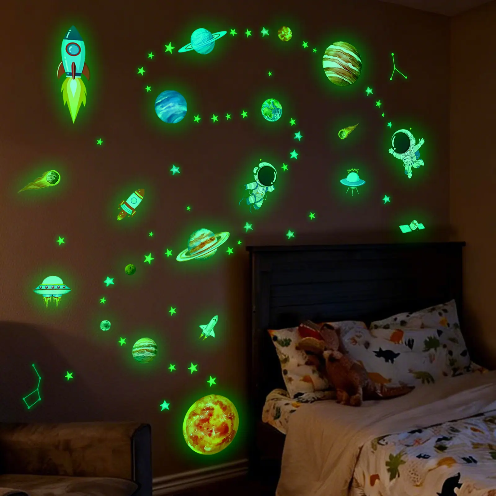 2D Flat Set of 3 Pcs 20×30cm Glow in the Dark Planet Astronaut Space Theme Design Self-Adhesive Decorative Stickers Luminous Wall Sticker for Bedroom Decor Wall Decals