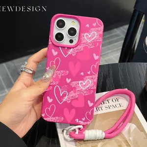 Graffiti Pink Love Heart Phone Chain Lanyard Case For iPhone 17 16 15 14 13 12 Pro Max 11 Plus Shockproof Lichee Pattern Funda