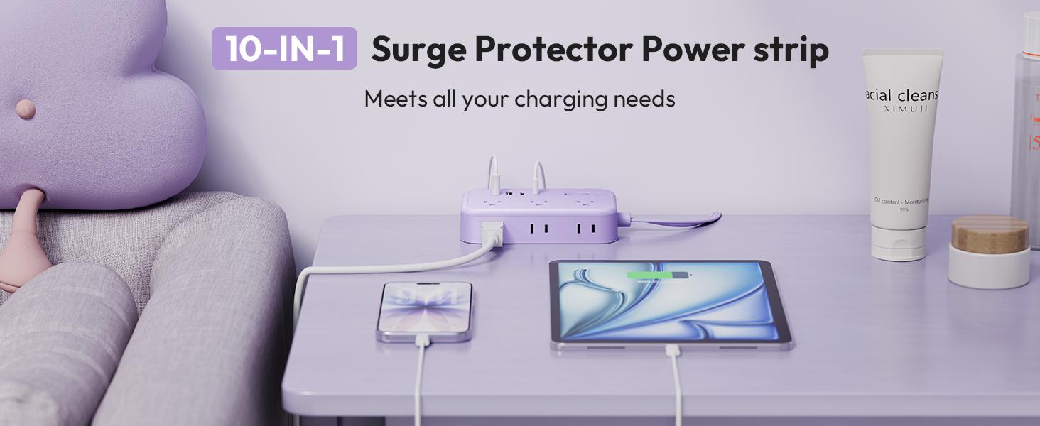 20W USB C Power Strip with Surge Protection,6 Outlets 4 USB Ports(20W 2USB C), Flat Extension Cord with Multiple Outlets, 1080 Joules, 5 ft Flat Plug Outlet Extender for Indoor, Office Supplies, Dorm Room Essentials