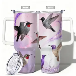 1pc, 40oz/30oz/20oz/14oz Stainless Steel Cup Hummingbird Floral Double Wall Vacuum Insulated Cup, Leakproof Lid & Carry Handle Travel Mug for Outdoor Camping Hiking, Gift for Dad, Mom, Brother,