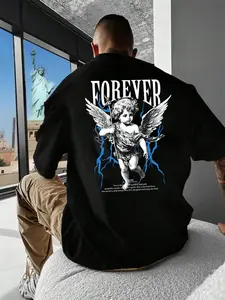 "Forever" Cherub Graphic Tee for Men | Premium Cotton | Angel & Lightning Print | Faith-Based Streetwear Aesthetic | Black/White Casual T-Shirts for Street Style Enthusiasts & Spiritual Hustlers